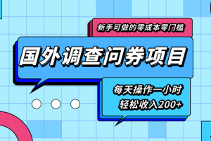 新手零成本零门槛可操作的国外调查问券项目，每天一小时轻松收入200+