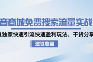 抖音商城免费搜索流量实战营：0-1独家快速引流快速盈利玩法、干货分享